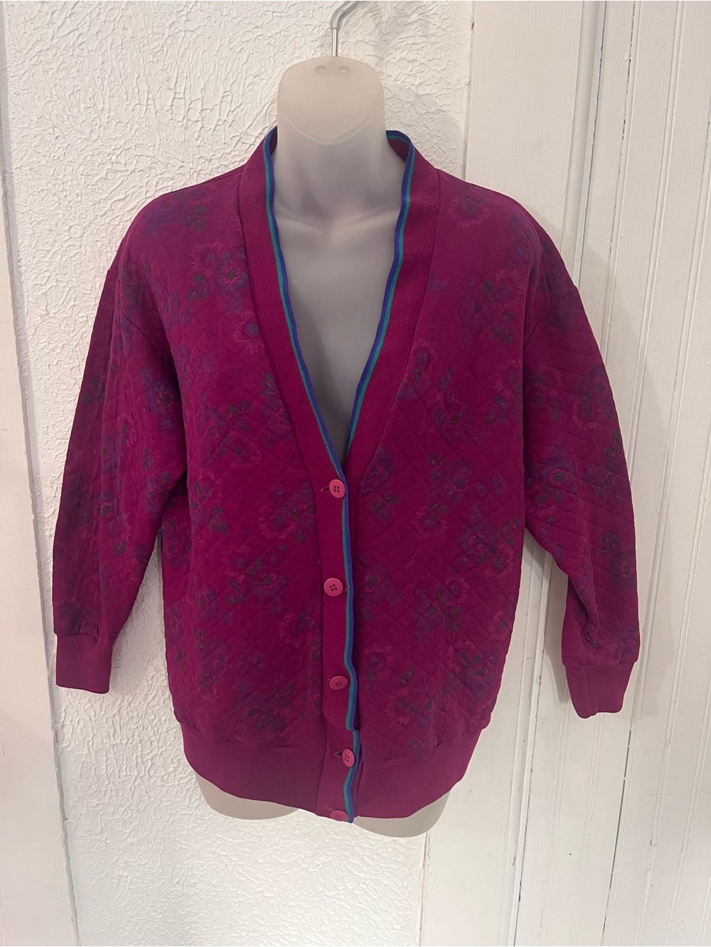 Vintage Magenta Quilt-Texture Button Cardigan Sweater